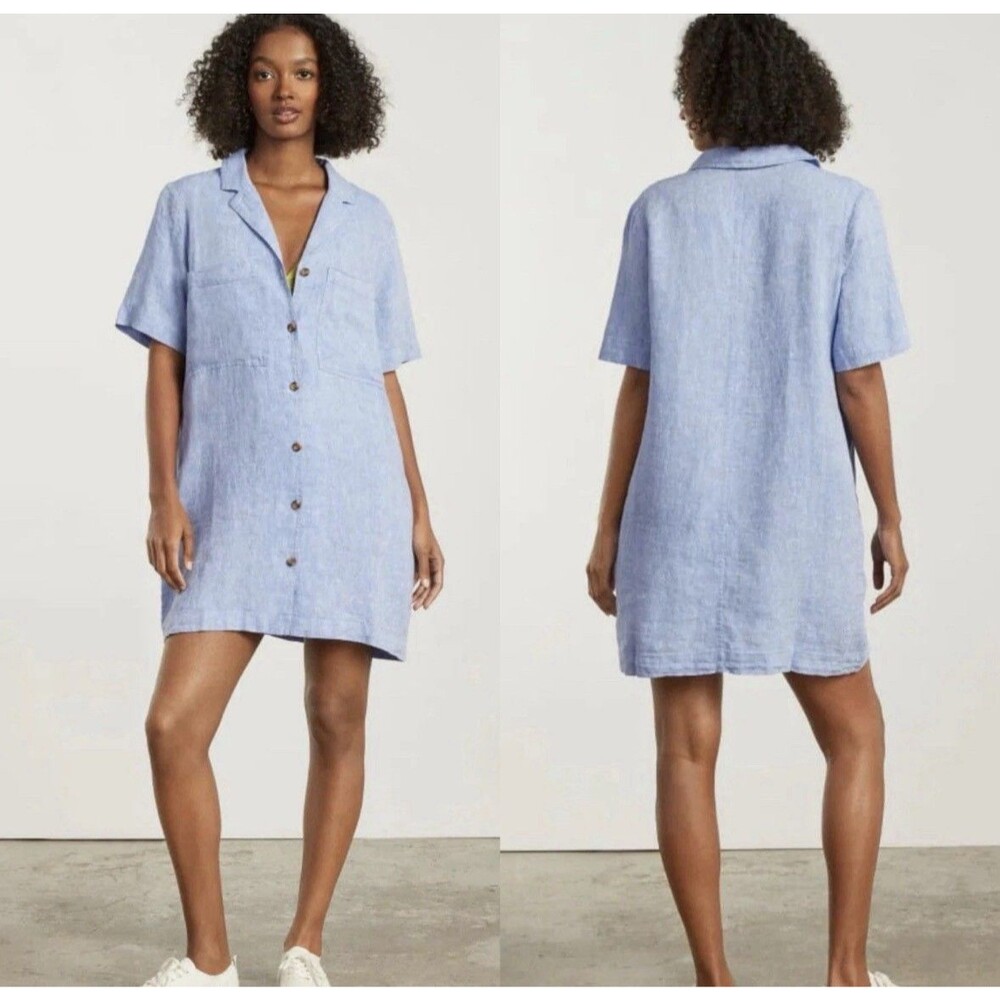 Everlane 100% Linen Blue Shirt Dress Tunic Size M Beach Resort Pocket